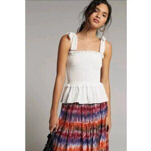 ERI & ALI Anthropologie White Stephanie Smocked Eyelet Tank Top Large 41618